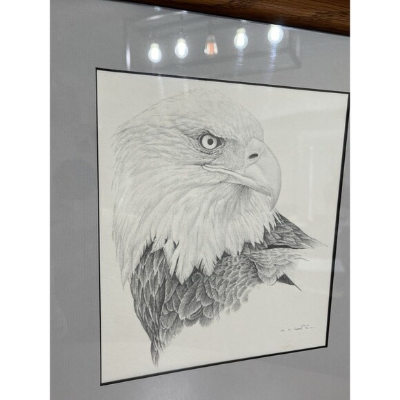 Bald Eagle Pencil Drawing Matted Wood Framed & Signed 18.5x14.25in Frame Size - Picture 2 of 10